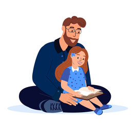 Loving Father and daughter reading book together.Dad hug Child Girl.Spend time together.Love and trust of mom,child.Supporting, Family relationships.Flat vector illustration isolated,white background