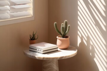 Modern White Marble Round Side Table with Plants and Shadows - 3D Mockup. Ai generative
