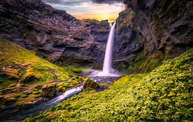 Amazing Iceland nature landscape. Popular touristic location Kvernufoss waterfall. Best famouse travel area. Scenic Image of Iceland. Iceland is one most popular country for landscape photographers