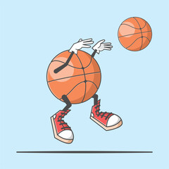 Cute cartoon basketball character in flat style, showcasing a jump and lay-up motion with adorable red shoes. Vector art for sports-themed designs