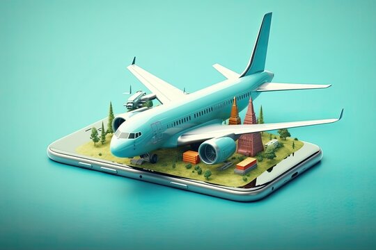 Illustration of a smartphone with airplane wings and a world map. Representing travel and adventure. Generative AI