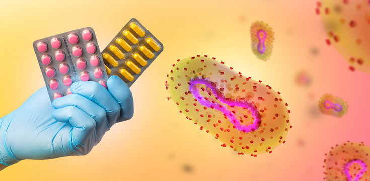 Medicines in hand. Virus bacteria in blood. Antibiotics to fight disease. Blister packs. Pharmacological preparations. Medicines to kill viruses. Vitamins to support immunity. Viral bacteria