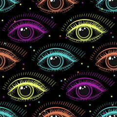 Pattern with human eye. Concept of all seeing eye, harmony of universe, wisdom, knowledge, extended, expanded mind. Colorful psychedelic surreal illustration. Good for groovy, hippie, mystical style.