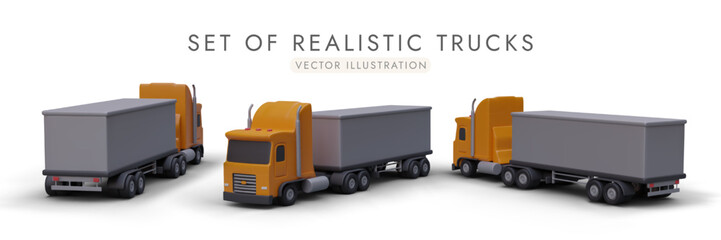 Set of realistic trucks in different positions for transport branding. Delivery transport concept. Poster for automobile sales and rental company. Vector illustration in gray and yellow colors