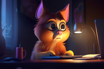 Worried cat programmer working at night on laptop. Illustration of funny ginger pet, frightened and surprised looking at computer monitor, inside room. Generative AI