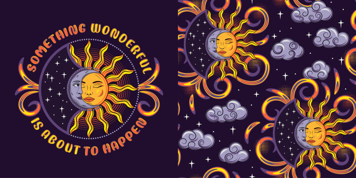 Label, pattern with eclipse with sun, crescent moon, fire swirls, text. Mythological fairytale characters, magic, mystical, astrology symbols. For kids clothing, apparel, T-shirts, surface design
