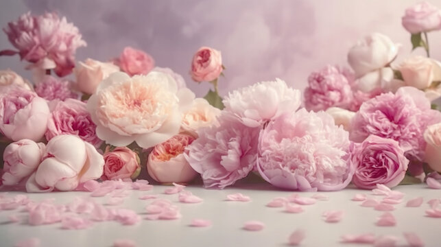Soft pink backdrop adorned with peonies and roses, offering space for personalized text Generative AI