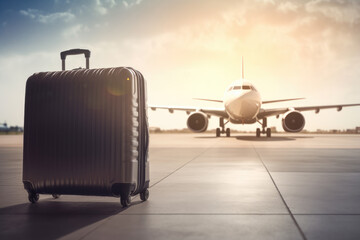 A suitcase on a runway with blurred airplane in the background. Business travel concept. Travel background