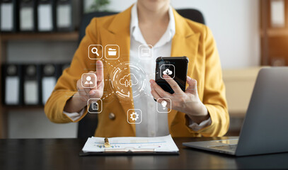 Woman is using a smartphone to access the cloud computing system , Storage and data transfer Cloud network , Cloud technology. Networking and internet service concept