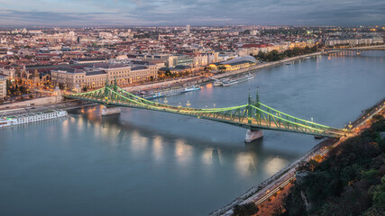 Panoramic View of The Liberty Bridge and The Danube from The Top of Gelert Hill. Budapest. Hungary.
