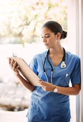 Woman doctor, clipboard and check notes for medical service, hospital documents and nursing...