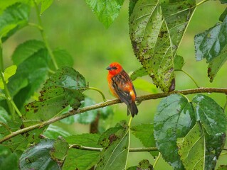 Red Fody bird perching on blackberry tree branch in heavy rain - Foudia Madagascariensis 