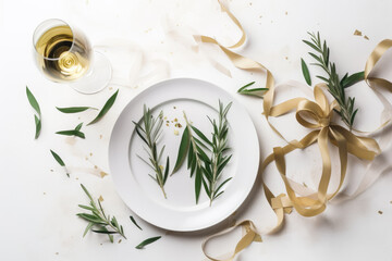 Happy New Year flat lay. Birthday, wedding party. Golden cutlery, beige silk ribbon on ceramic plate. Champagne wine bottle, drinking glass. Confetti with olive branches. White table top background