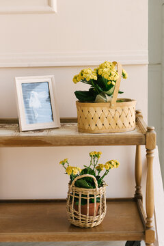 Stylish interior details, a shelf with wicker baskets and flowers