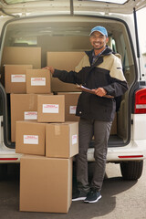Box, delivery and portrait with man by van for courier, logistics and shipping. Ecommerce, export...
