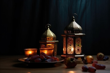 Ornamental Arabic lanterns with burning candles glowing at night. Plate with date fruit on the table. Festive greeting card, invitation for Muslim holy month Ramadan Kareem. Iftar dinner background