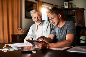Tablet, investment or retirement with a father and son in their home for savings, budget or finance...