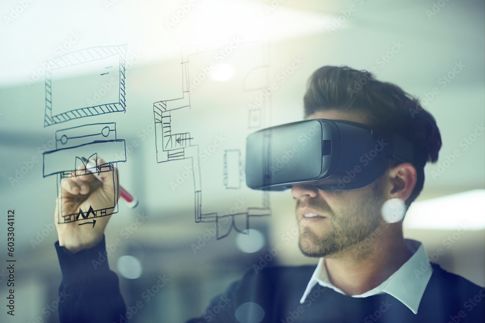 Poster architect, drawing and virtual reality for planning, blueprint on wall and design innovation for fut