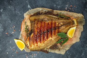 Baked Flounder Fish with herbs and lemon, Delicious balanced food concept, Restaurant menu,...