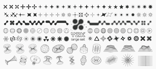 Y2K trendy shapes and 3d vector geometric figures, millennial symbols, signs and icons, large collection of shapes.