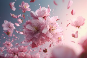 Cherry flowers petal flying sky. Generate Ai