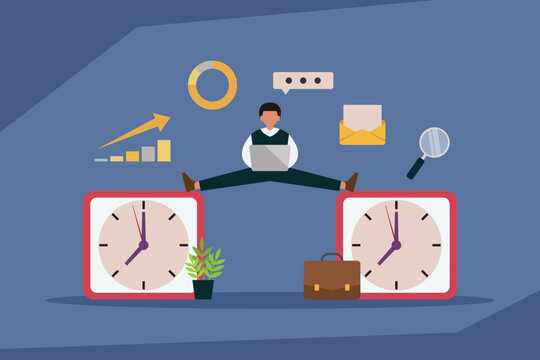 Businessman working on laptop while doing split in between 2 clocks 2d vector illustration concept for banner, website, illustration, landing page, flyer, etc.