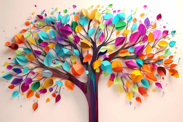  Colorful tree with leaves on hanging branches illustration background. 3d abstraction wallpaper for interior mural wall art decor. Floral tree with multicolor leaves. Generative AI.