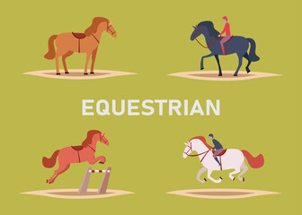 Equestrian sport set of flat icons with riders and polo players, 2d vector illustration concept for banner, website, illustration, landing page, flyer, etc.
