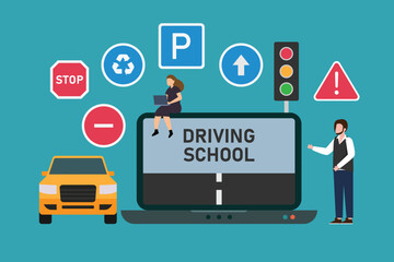 Traffic rules. Road signs Driving school Driver license 2d vector illustration concept for banner, website, illustration, landing page, flyer, etc. - obrazy, fototapety, plakaty