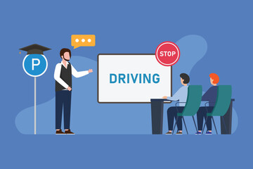 Auto school lesson. People studying to get drivers license 2d vector illustration concept for banner, website, illustration, landing page, flyer, etc.