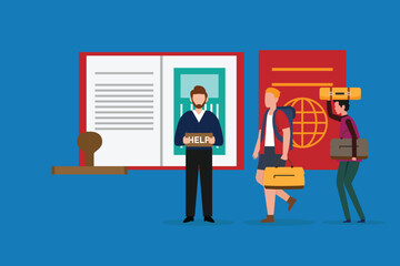 Diplomat helping tourist with foreign country travel document 2d vector illustration concept for banner, website, illustration, landing page, flyer, etc.