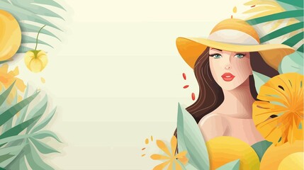 Summer background with tropical leaves, fruits and woman in straw hat. Vector illustration