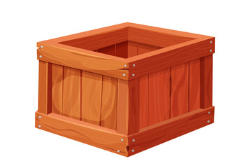 Wooden box, delivery container in cartoon style, game asset isolated on white background. Wood packing, open textured.