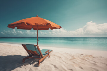 Sun lounger and beach umbrella on a tropical beach. AI generative.