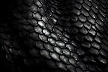 Closeup of Black Steel-Like Skin Texture: An Abstract Reptile or Snake Abstract: Generative AI