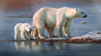 Plakat A Polar Bear Family in the Canadian Arctic: Wild Animal Majesty in the Winter Snow: Generative AI
