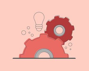 Light Bulb in chain with gears, innovation idea, eureka in problem solving. Modern Flat Illustration.