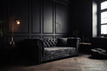 Fototapeta premium Welcome to the Dark Cozy Home: Create a Comfortable Interior with furniture, Couch, Wall and Room Design. Generative AI