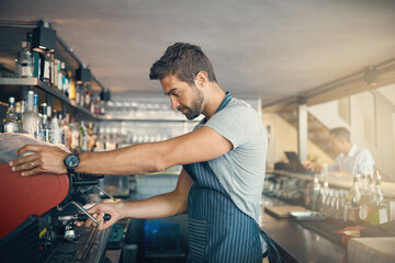 Man in cafe, coffee machine and barista, prepare caffeine drink order with process and production...