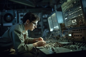 Technician working on a complex array of electronic components. Generative AI