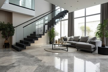 Modern Gray Marble Staircase with Glass Panel, Ai Generative