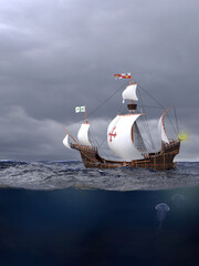 Santa Maria Christopher Columbus ship a side view from water level at sea 3D rendered picture in high quality - 603306340