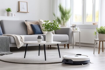 White Robot Vacuum Cleaning Modern Living Room - 3D Interior Mockup. Ai generative