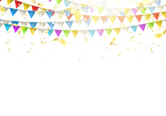 Garland flag with falling confetti. Celebration background for party, carnival, birthday or presentation. Vector illustration.