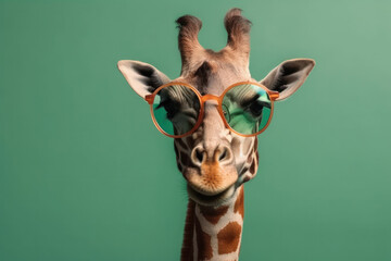 Funny and quirky, this giraffe in glasses close-up is a spectacle to behold. Unique pattern and spots on display. AI Generative. - obrazy, fototapety, plakaty