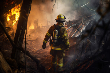 firefighter walks through rubble, generative ai
