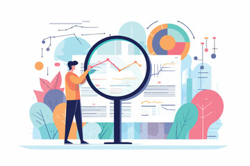 Data analytics, financial research and predictive visualization. Businessman analyzing pie chart data with magnifying glass. Concept of chart and graph diagrams and database reporting. Generative AI. - obrazy, fototapety, plakaty