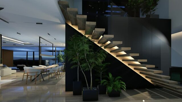 4K video rendering of modern cozy interior with living, dining zone stair and kitchen for sale or rent with wood plank by the sea or ocean. Spacious apartments with expensive furniture in night