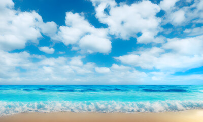 Obraz premium Landscape, summer tropical beach. Azure sea, ocean, waves, surf, blue sky with cumulus clouds, ,sand. Design concept for travel, family vacation. Natural beach background. Illustration. Generative AI