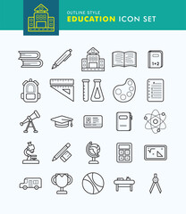 Set of Education Icon Outline Style. School, Science, Pen, Bus.